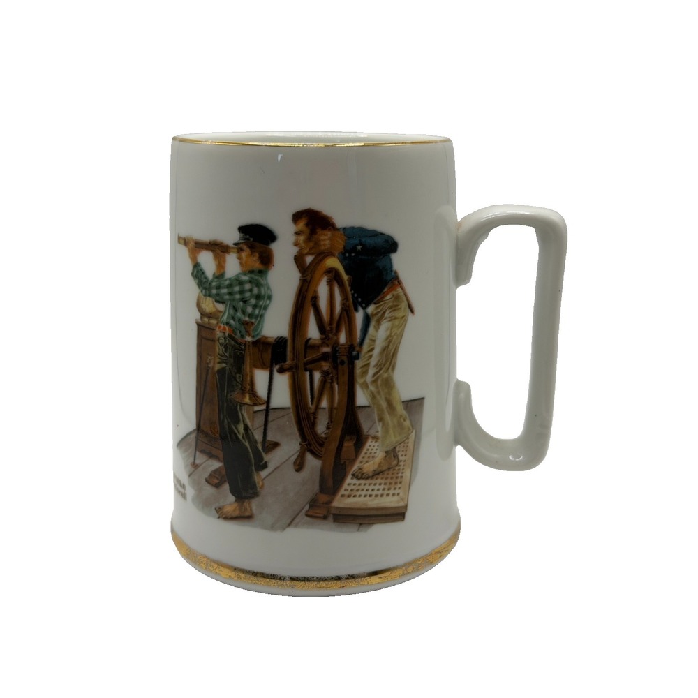 Norman Rockwell "River Pilot" Collectors Coffee Mug 1985 Museum Vintage Gold Rim